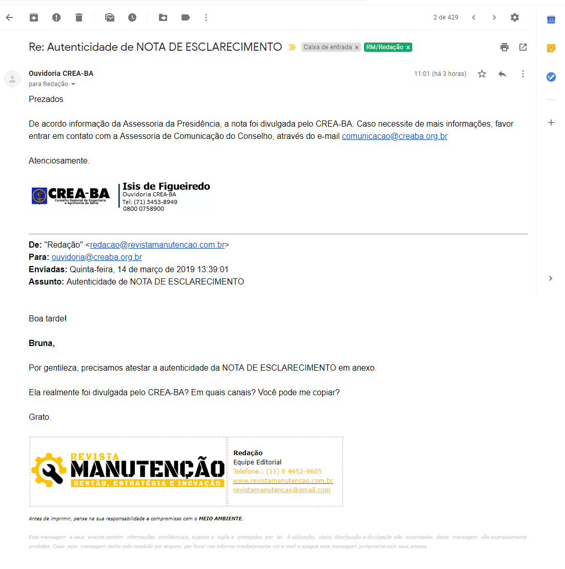 Confirmação de autenticidade da nota de esclarecimento